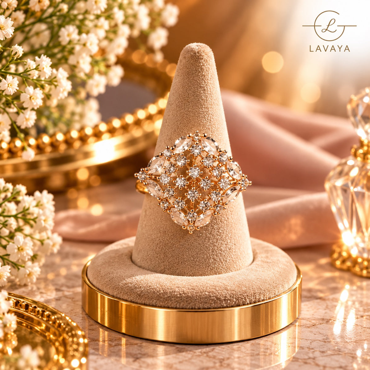 Lavaya Royal White Crystal Floral Cluster Statement Ring with Marquise-Cut Stones & Gold-Tone Finish