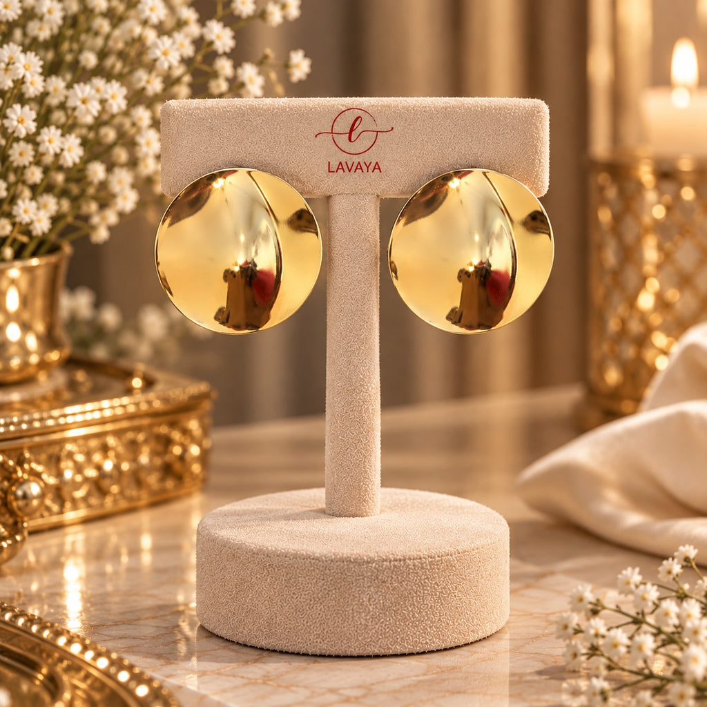 Lavaya Oversized Curved Disc Gold Statement Stud Earrings