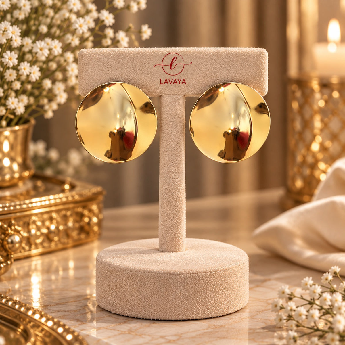 Lavaya Oversized Curved Disc Gold Statement Stud Earrings