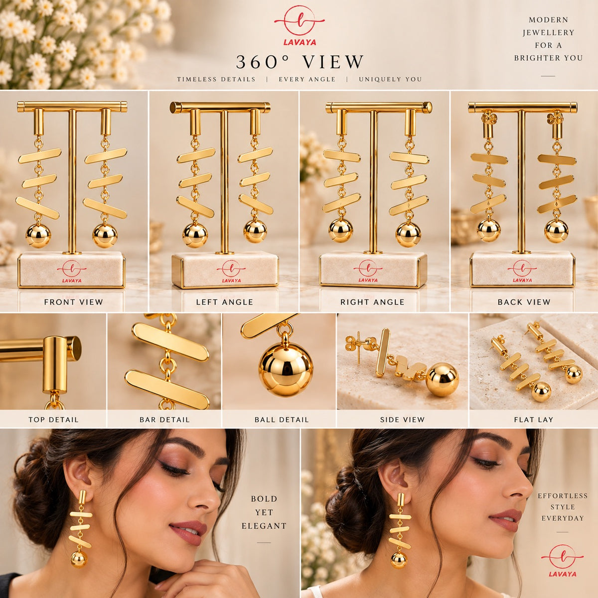 Multi-Tiered Minimalist Gold Bar Chandelier Earrings with Mirror-Finish Metallic Sphere