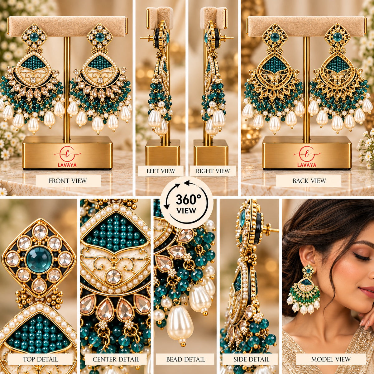Lavaya Royal Teal Green Kundan Chandbali Earrings with Pearl Drops