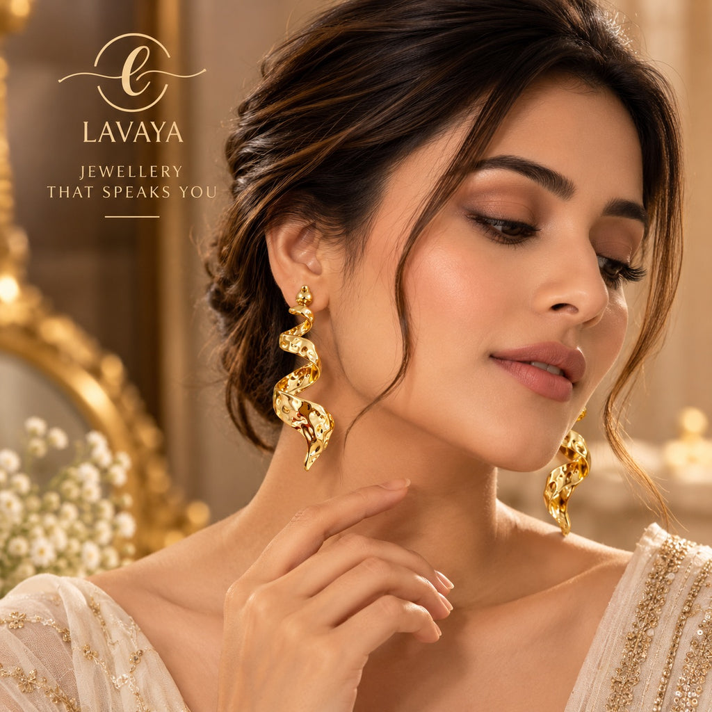 Lavaya Sculptural Hammered Gold Ribbon Spiral Statement Earrings