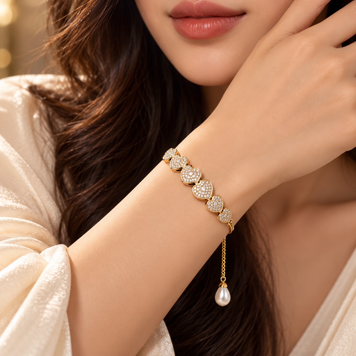 Golden Heart Crystal Bracelet with Pearl Drop