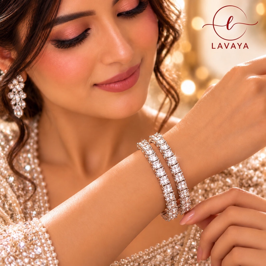 Lavaya Royal Silver-Tone Princess-Cut Crystal Bangles – Luxury Diamond-Look Designer Bangles Set of 4