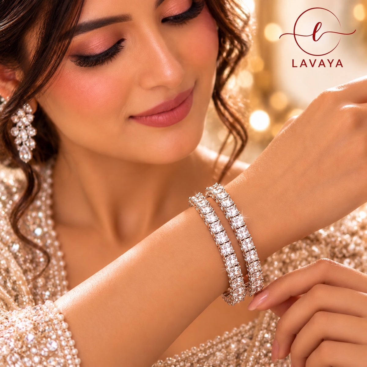 Lavaya Royal Silver-Tone Princess-Cut Crystal Bangles – Luxury Diamond-Look Designer Bangles Set of 4