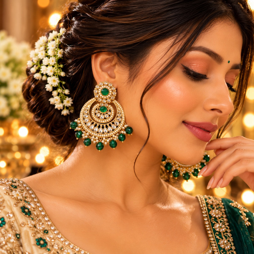 Lavaya Royal Emerald Green Kundan Chandbali Earrings with Pearl & Green Bead Drops