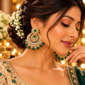 Lavaya Royal Emerald Green Kundan Chandbali Earrings with Pearl & Green Bead Drops