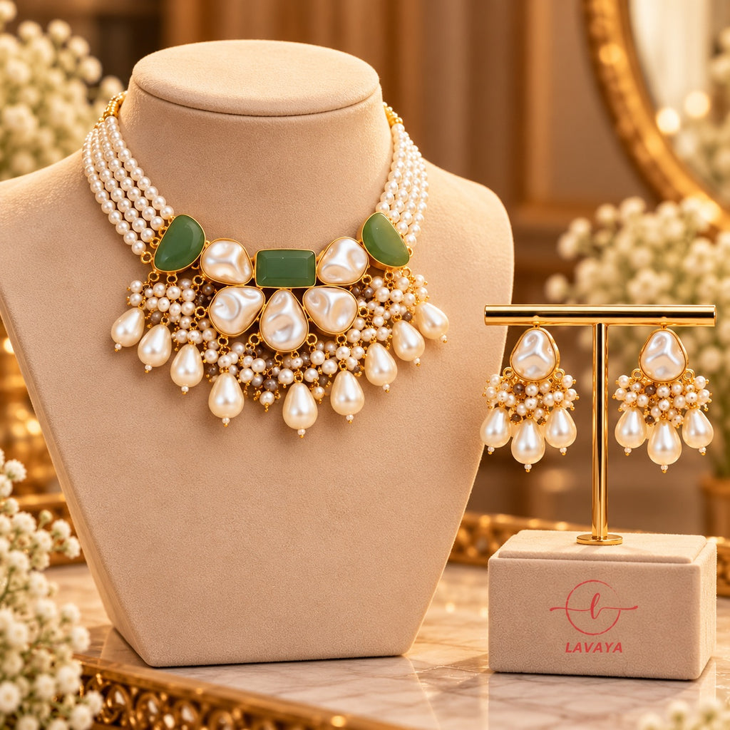 Lavaya Royal Emerald Green & Pearl Multi-Layer Choker Necklace Set with Matching Pearl Drop Earrings