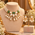 Lavaya Royal Emerald Green & Pearl Multi-Layer Choker Necklace Set with Matching Pearl Drop Earrings