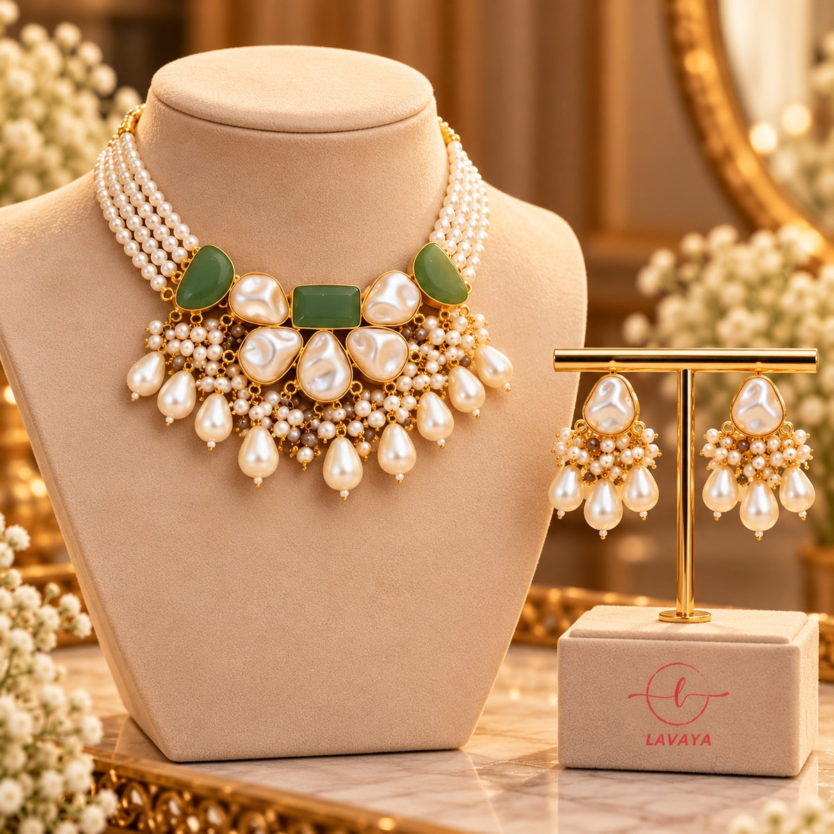 Lavaya Royal Emerald Green & Pearl Multi-Layer Choker Necklace Set with Matching Pearl Drop Earrings