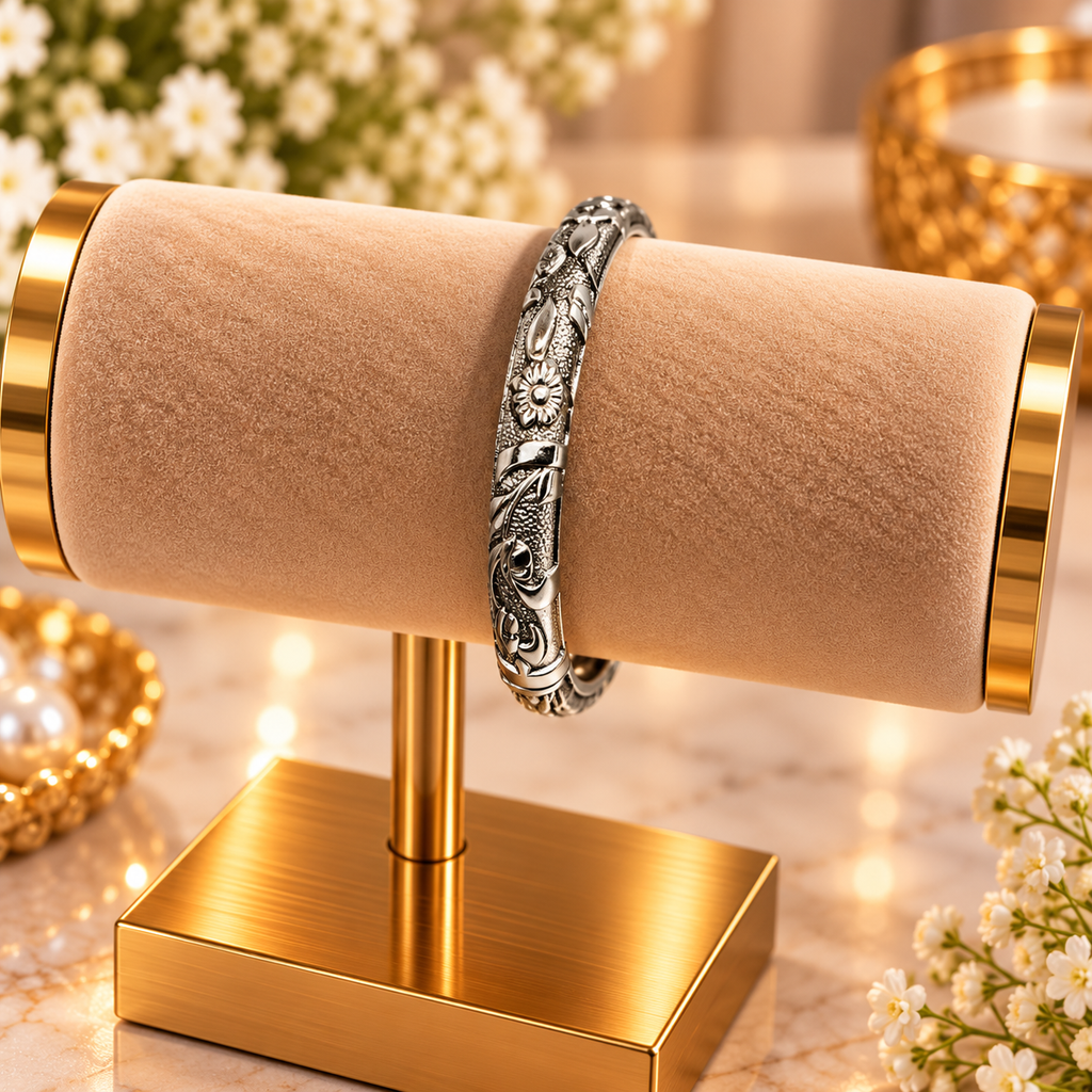 Lavaya Antique Silver-Tone Floral Engraved Bangle Bracelet – Vintage Ethnic Design