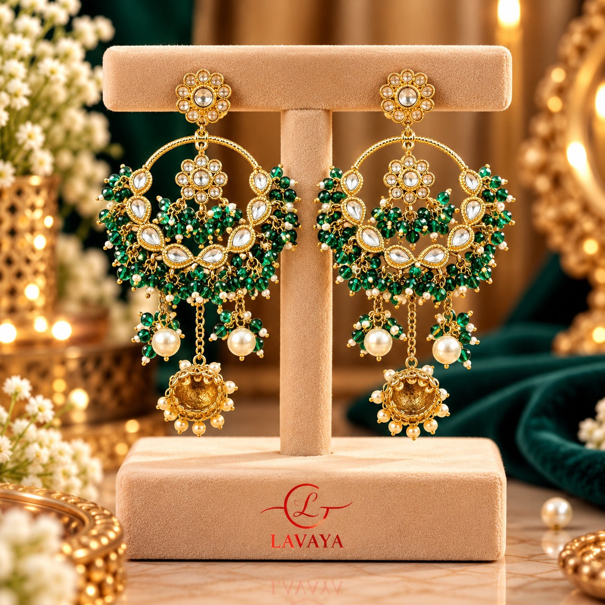 Lavaya Royal Emerald Green Kundan Chandbali Earrings with Pearl & Jhumka Drops