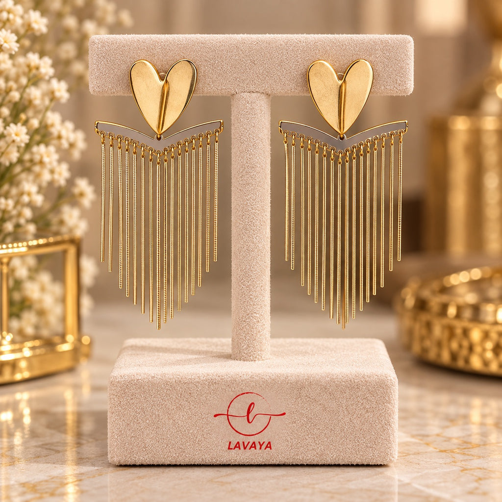 Lavaya Golden Heart Cascade Long Tassel Earrings for Women | Elegant Heart-Shaped Fringe Drop Statement Earrings