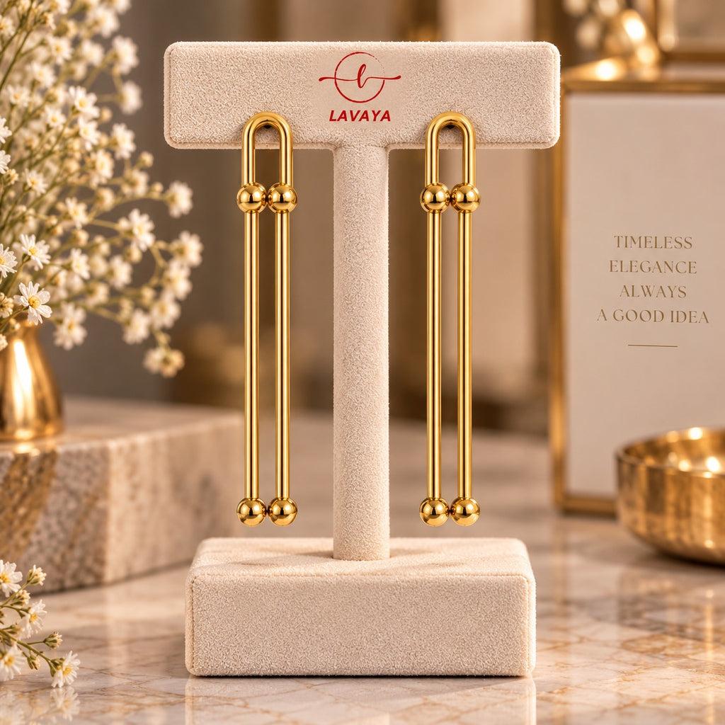 Lavaya Modern Linear U-Link Ball Bar Gold Drop Earrings
