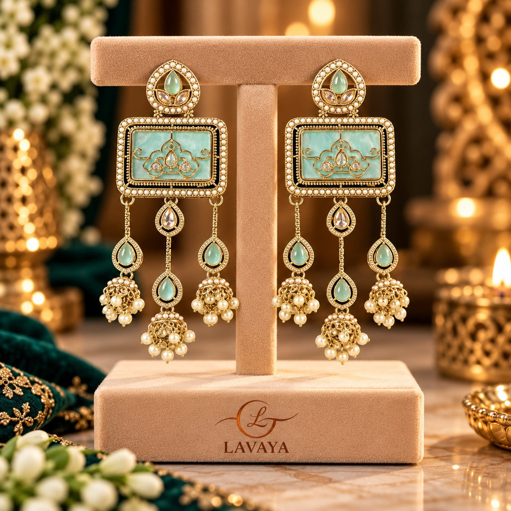 Lavaya Royal Mint Green Meenakari Earrings with Kundan Detailing & Pearl Jhumka Drops