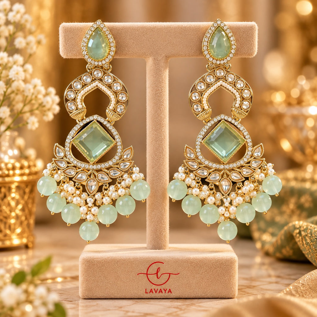 Lavaya Royal Mint Green Kundan Chandbali Earrings with Pearl & Beaded Drops
