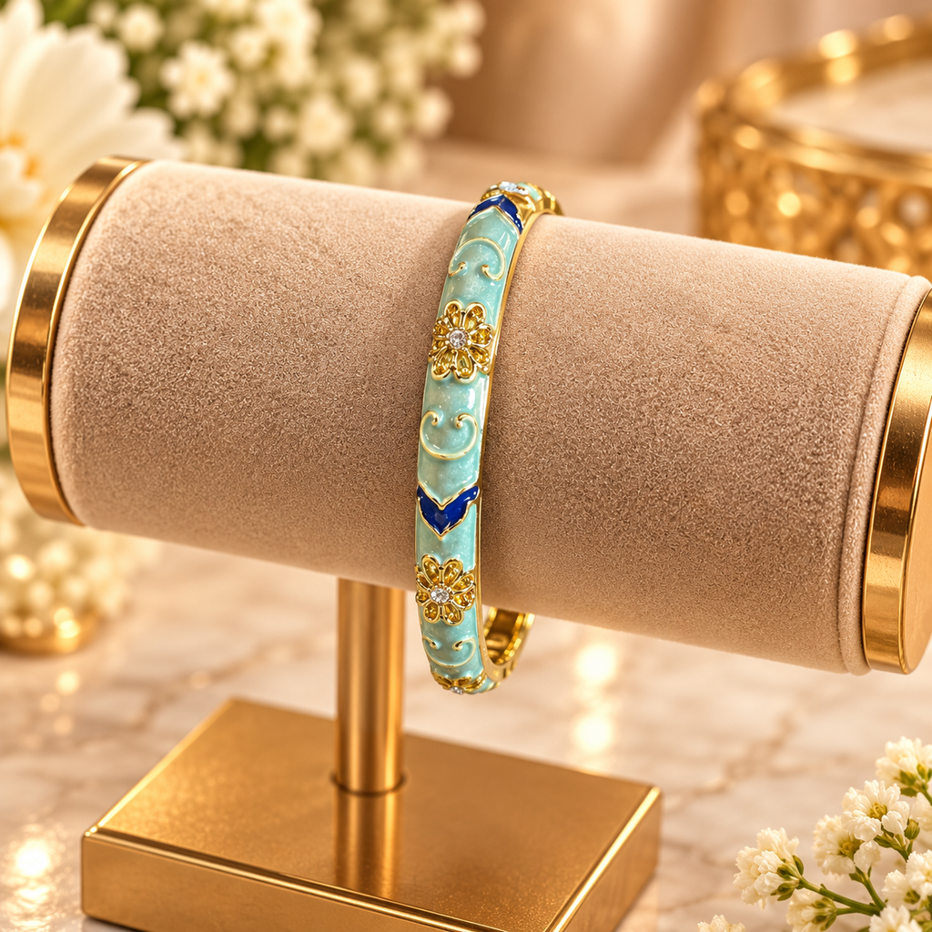 Turquoise Enamel Floral Gold-Tone Cuff Bracelet