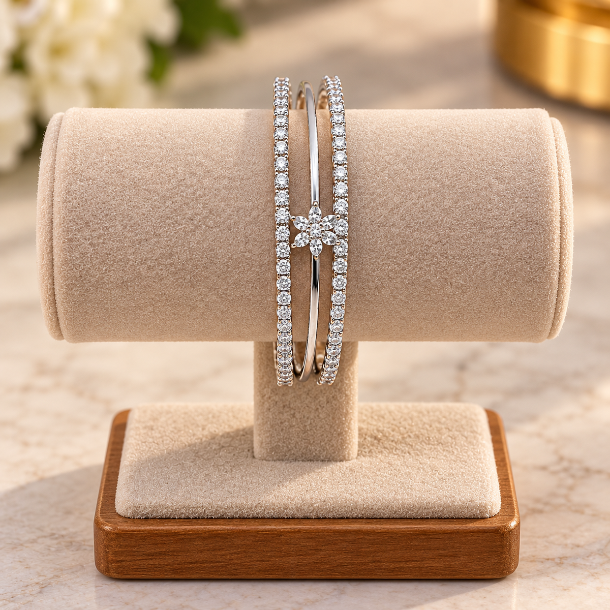 Floral Diamond Multi-Layer Bangle Bracelet