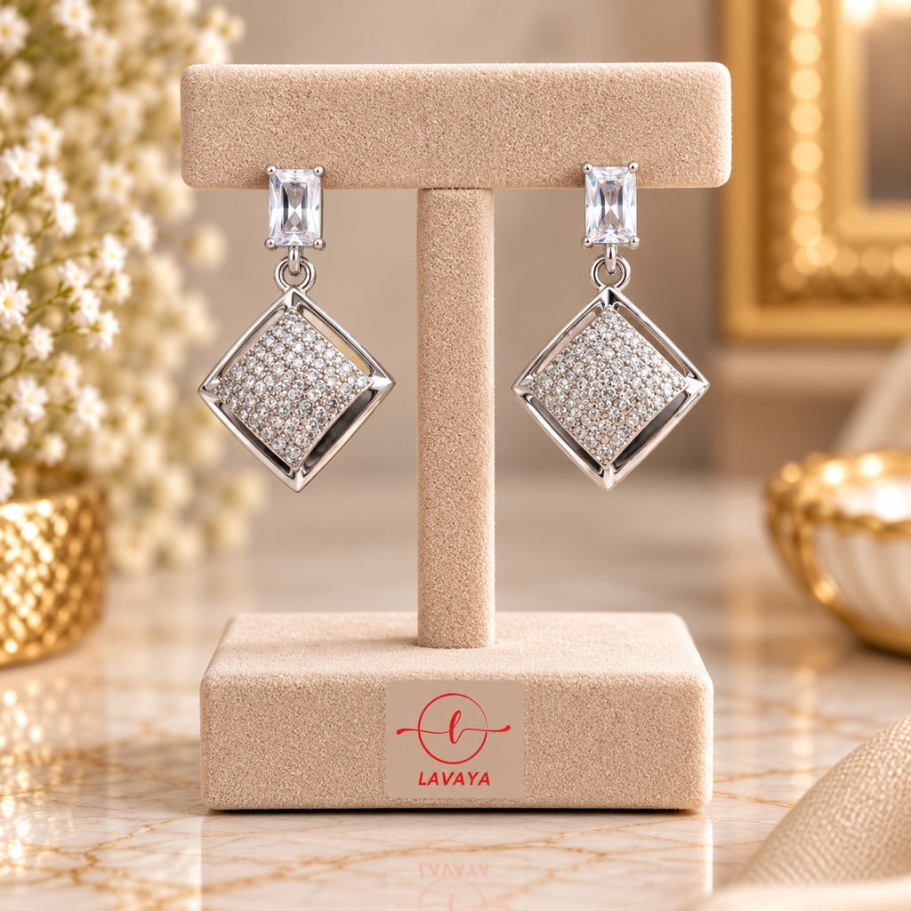 Emerald-Cut Solitaire Stud & Double-Frame Diamond Rhombus Dangles