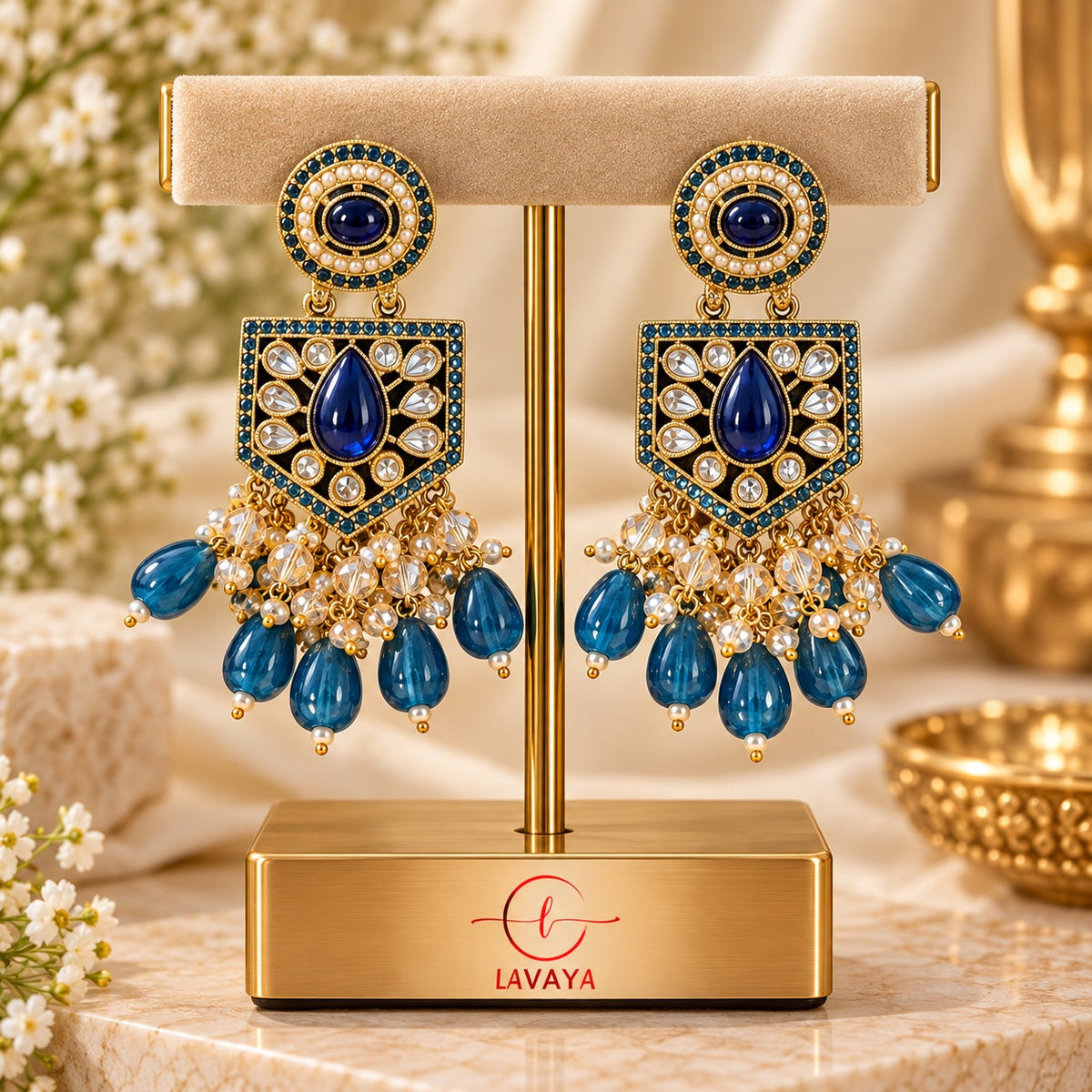 Lavaya Royal Sapphire Blue Kundan-Style Statement Earrings with Pearl & Blue Teardrop Beads