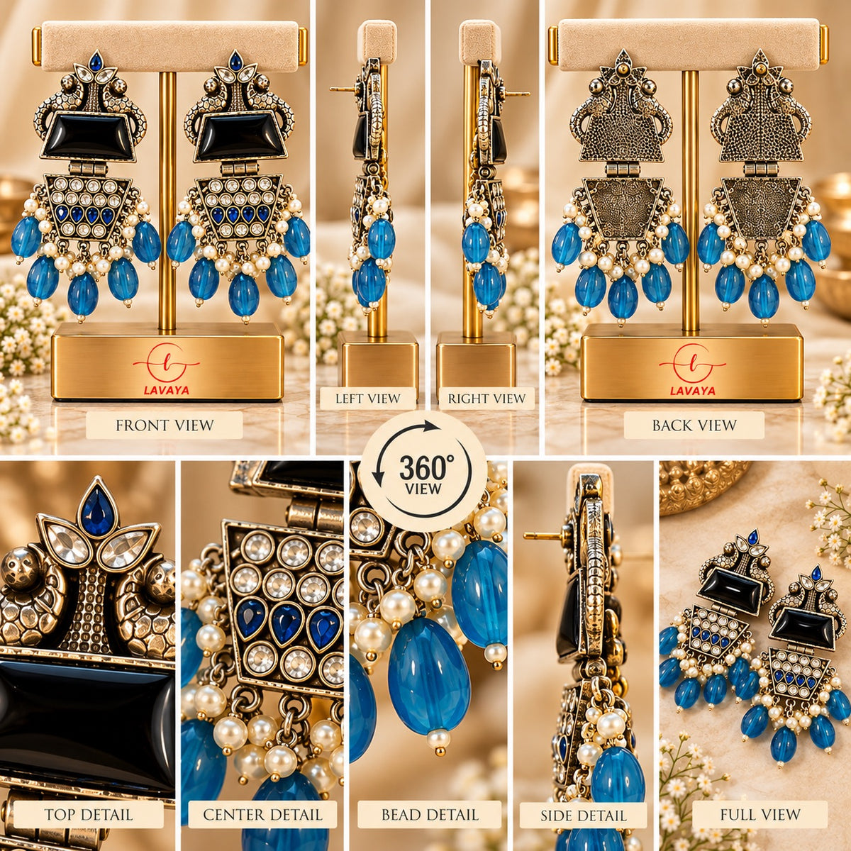 Lavaya Royal Midnight Black & Sapphire Blue Statement Earrings with Crystal Accents & Blue Bead Drops