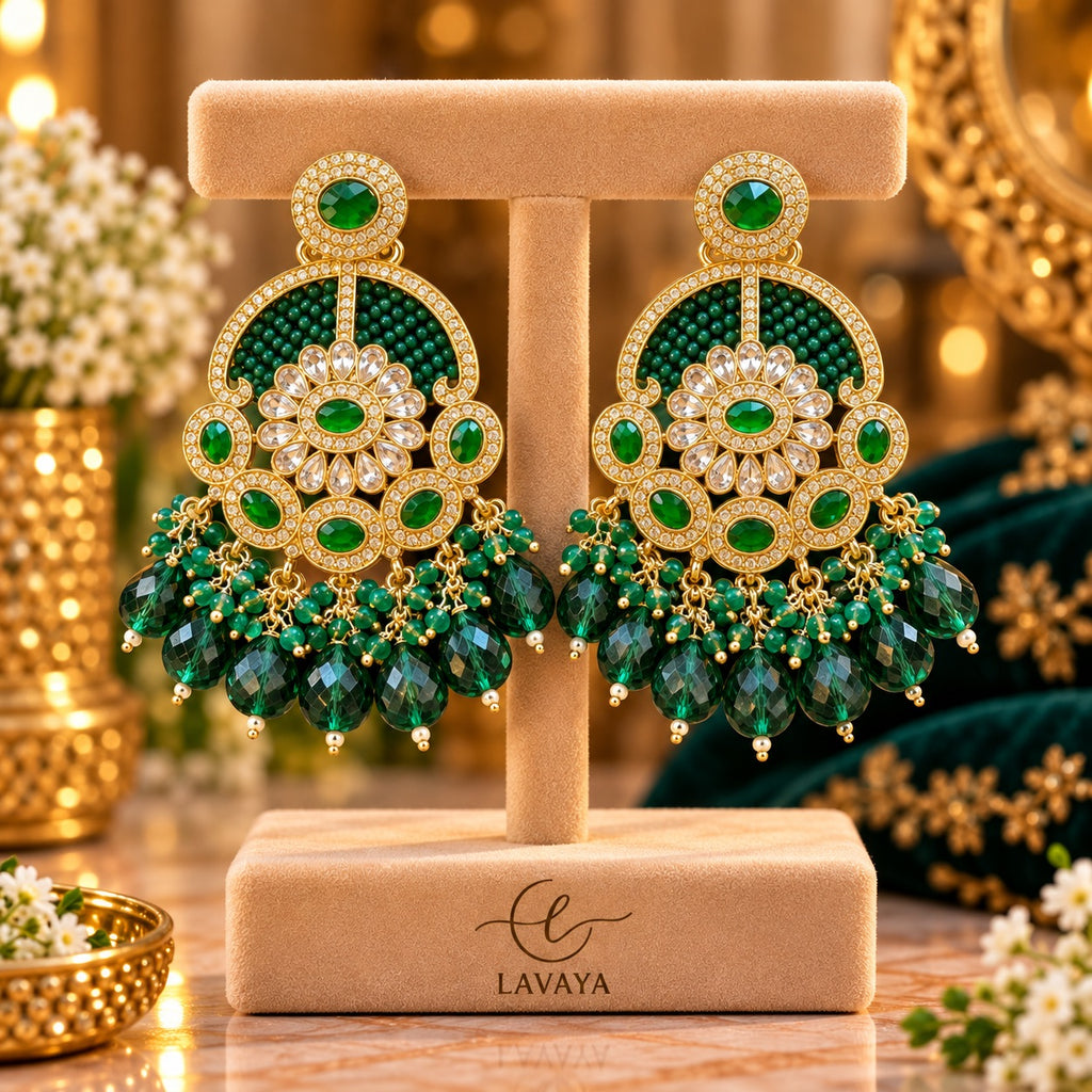 Lavaya Royal Emerald Green Floral Kundan Chandbali Earrings with Crystal Bead Drops