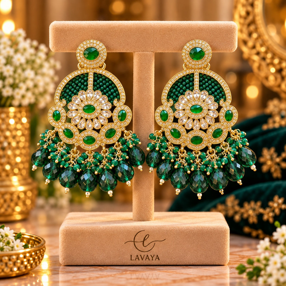 Lavaya Royal Emerald Green Floral Kundan Chandbali Earrings with Crystal Bead Drops