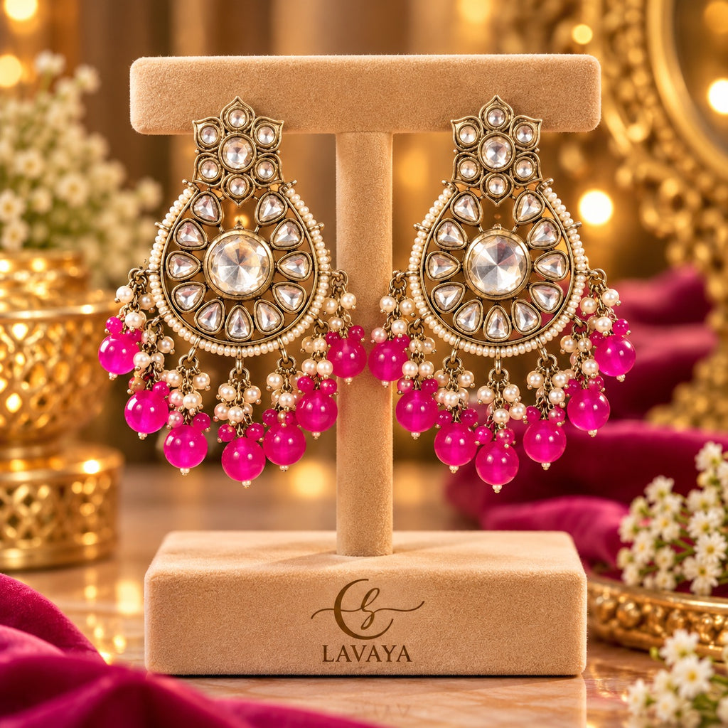 Lavaya Royal Pink Kundan Chandbali Earrings with Pearl & Fuchsia Bead Drops