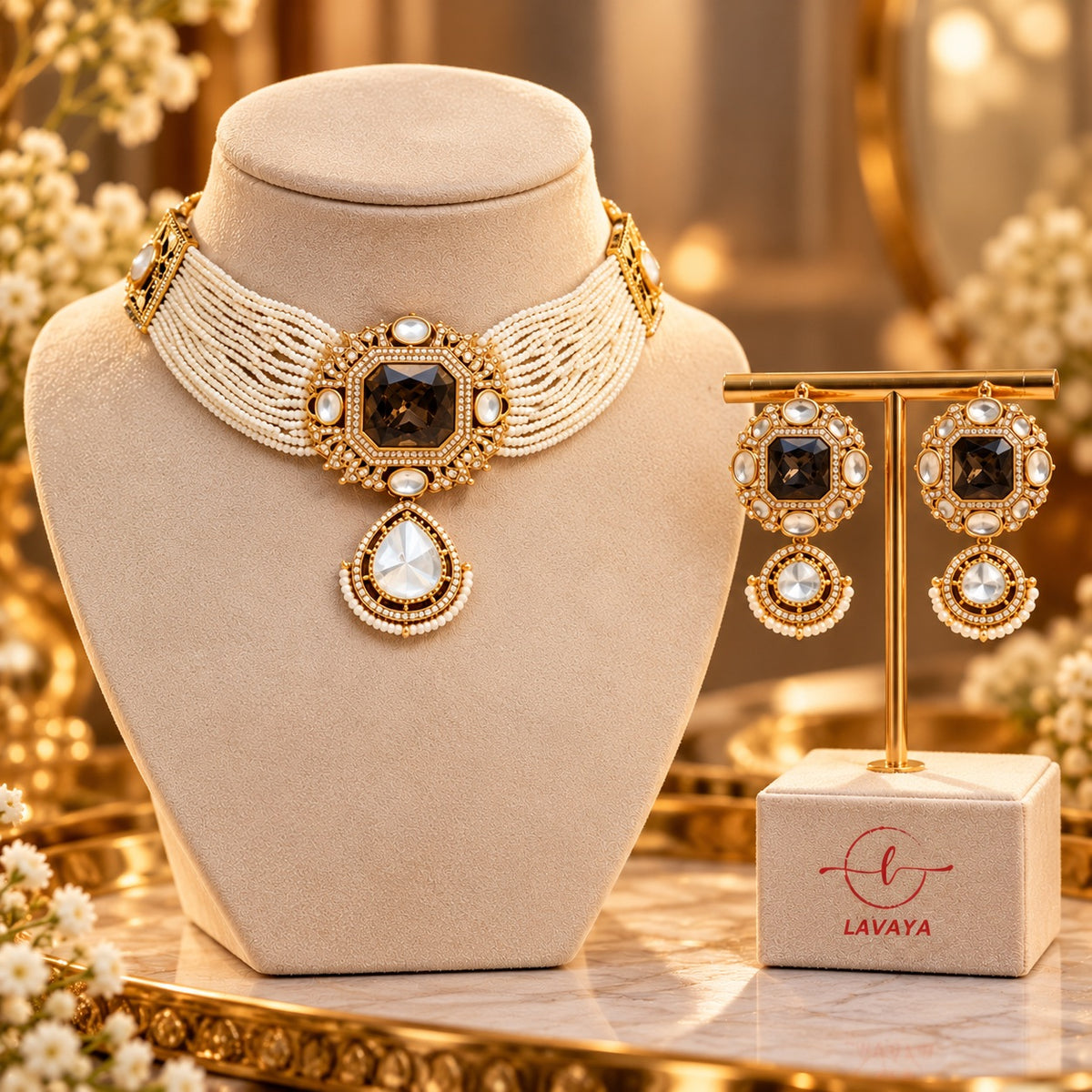 Lavaya Royal Ivory Pearl Multi-Strand Choker Necklace with Smoky Brown Crystal Pendant & Matching Drop Earrings Jewellery Set