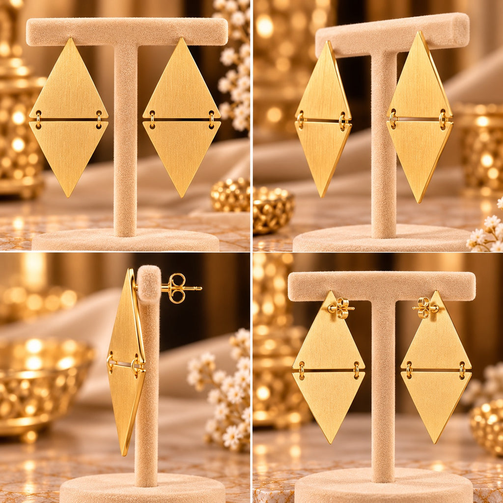 Lavaya Premium Gold-Tone Geometric Diamond-Shaped Drop Earrings for Women – Elegant Double Triangle Design with Brushed Matte Finish, Modern Minimalist Statement Jewellery.  NO PRICE