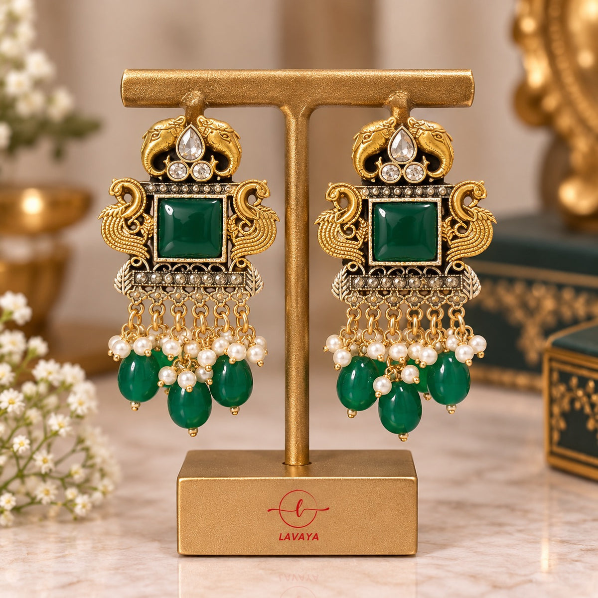 Lavaya Royal Emerald Green Stone Antique Gold-Toned Peacock & Elephant Statement Earrings