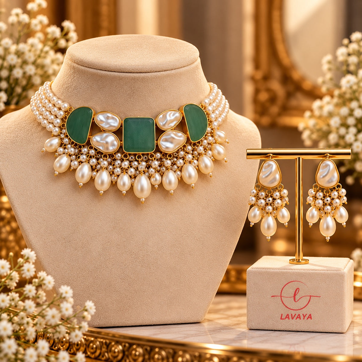 Lavaya Royal Emerald Green & Ivory Pearl Choker Necklace with Kundan-Style Stones & Matching Pearl Drop Earrings Jewellery Set