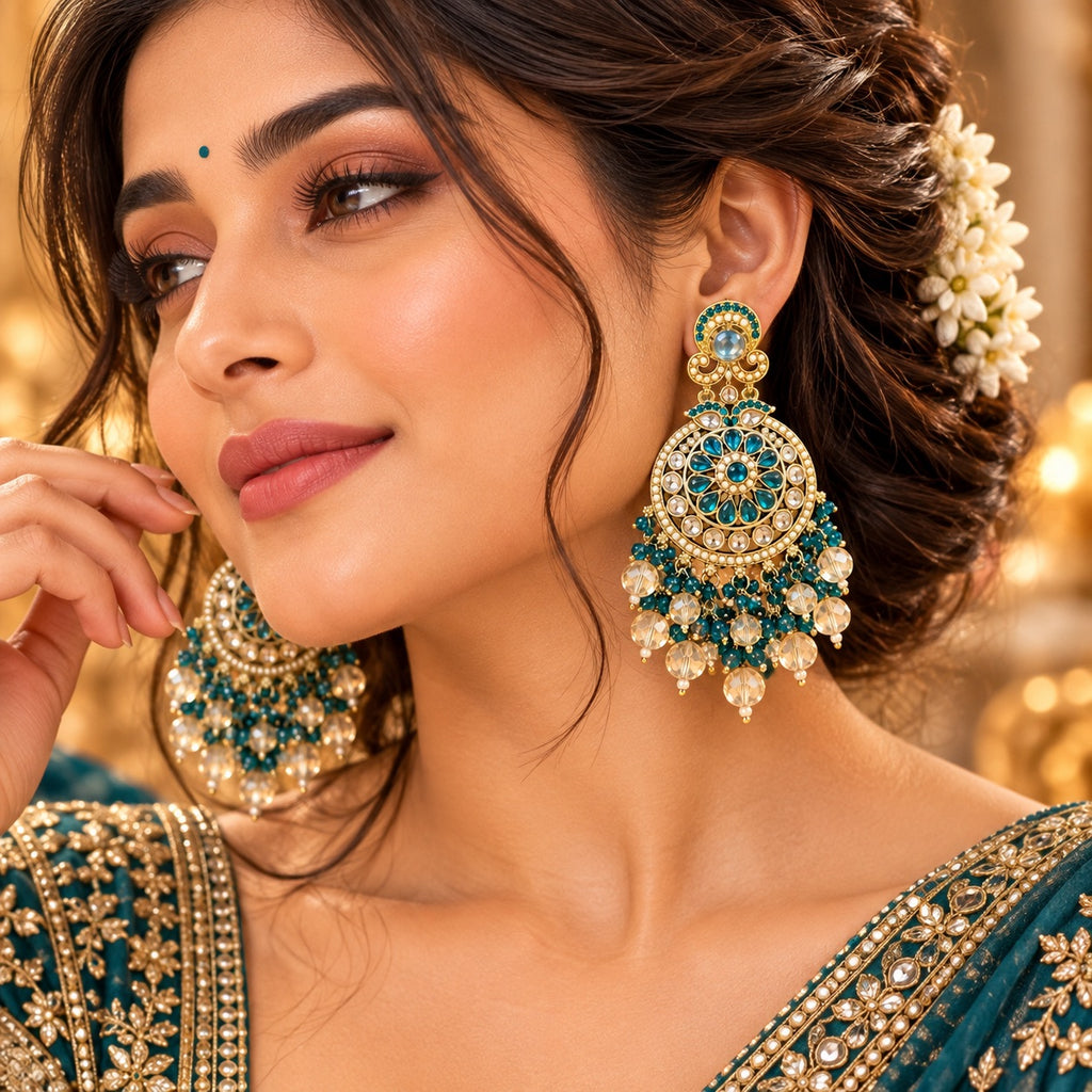 Lavaya Royal Teal Blue Floral Kundan Chandbali Earrings with Crystal Bead Drops