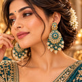 Lavaya Royal Teal Blue Floral Kundan Chandbali Earrings with Crystal Bead Drops