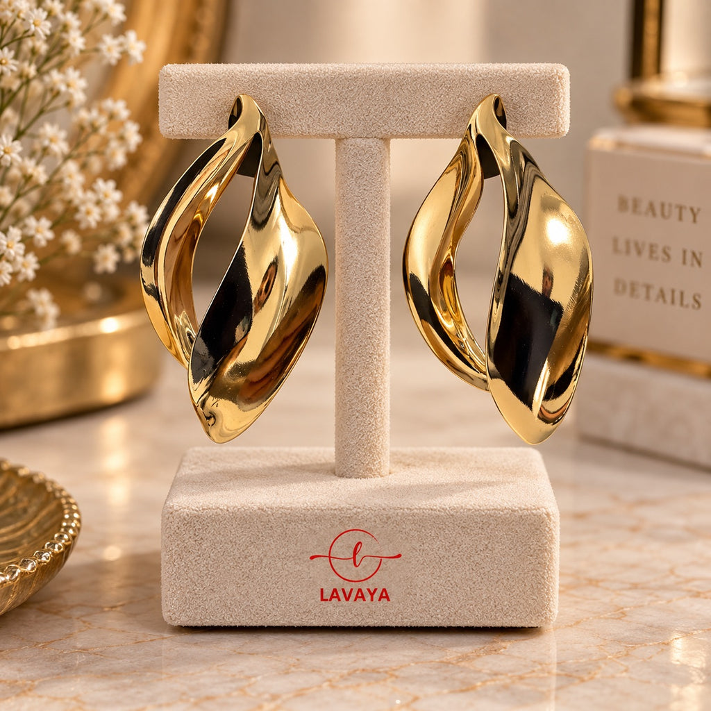 Lavaya Golden Luxe Sculpted Teardrop Hoop Earrings for Women | Elegant Twisted Wave Statement Earrings | Premium Gold-Tone Fashion Jewellery