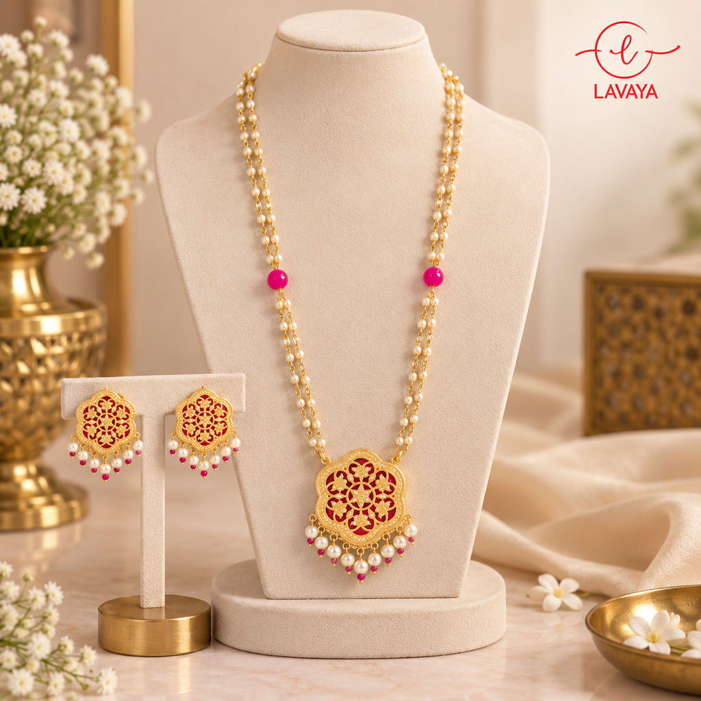 Lavaya Ruby Red Filigree Jali Pendant Double-Strand Pearl Rani Haar Necklace Set