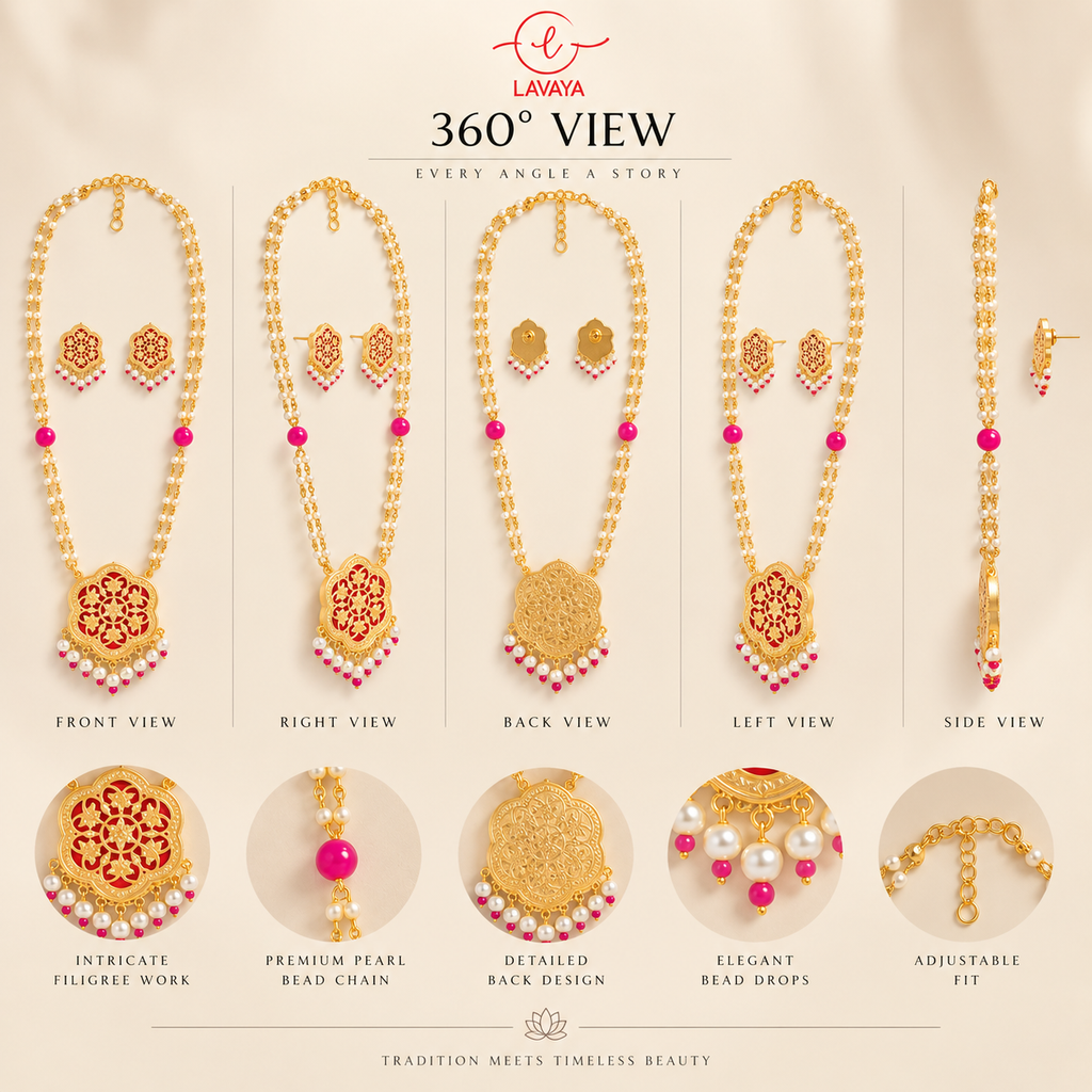 Lavaya Ruby Red Filigree Jali Pendant Double-Strand Pearl Rani Haar Necklace Set