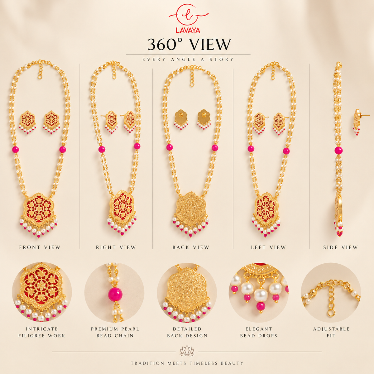 Lavaya Ruby Red Filigree Jali Pendant Double-Strand Pearl Rani Haar Necklace Set