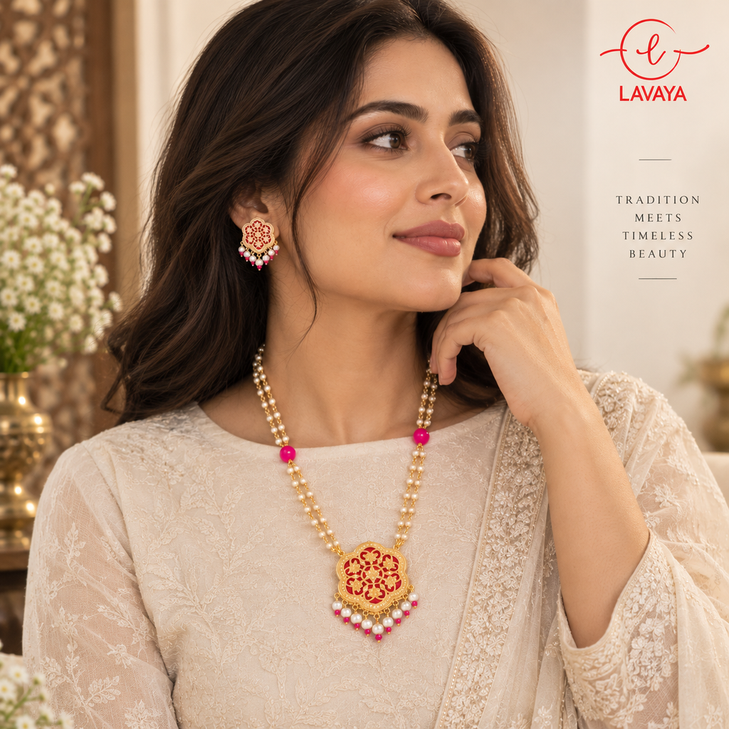 Lavaya Ruby Red Filigree Jali Pendant Double-Strand Pearl Rani Haar Necklace Set