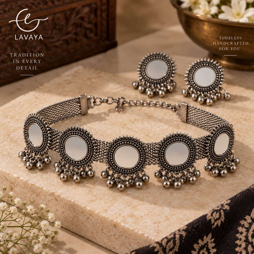 Lavaya Handcrafted Afghan Mirror Work Oxidized Silver Choker Set with Matching Studs