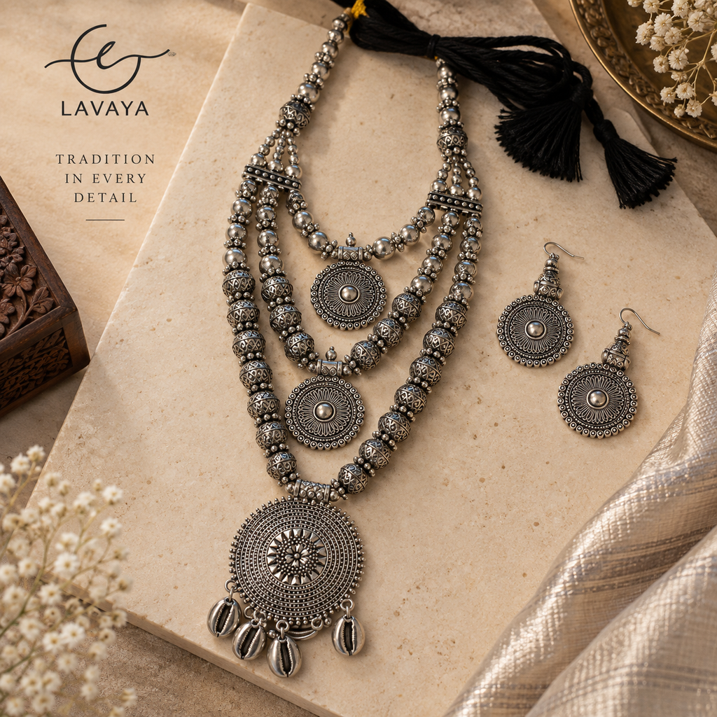Lavaya Multi-Layered Oxidized Silver Rani Haar Set with Sunburst Medallions & Matching Drop Earrings