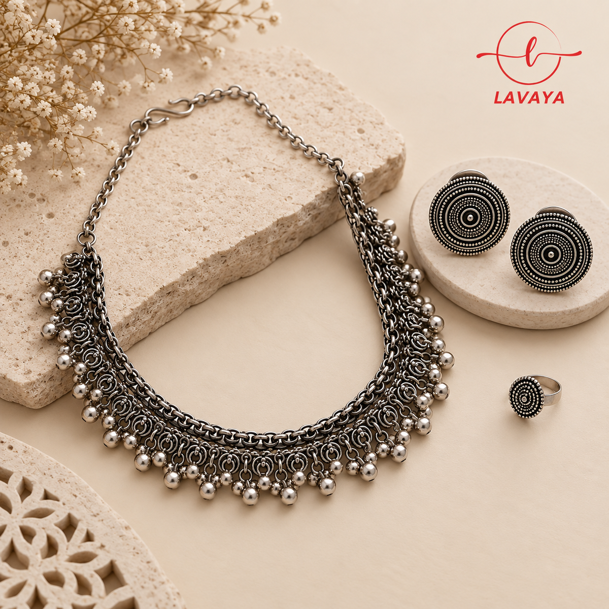 Lavaya Tribal Hasli-Inspired Oxidized Silver Collar Necklace Set with Matching Studs & Ring