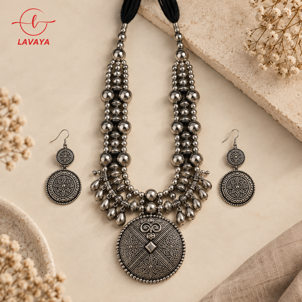 Lavaya Tribal Multi-Strand Silver Bead Rani Haar with Statement Mandala Medallion & Drop Earrings