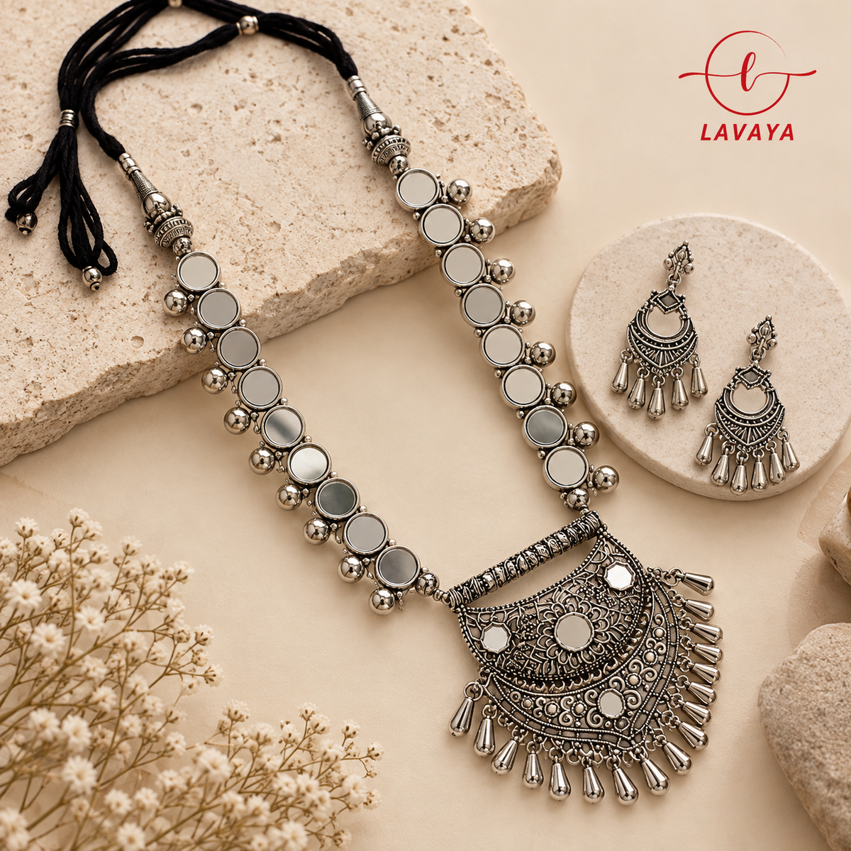 Lavaya Afghan Mirror-Work Long Haar Necklace Set with Crescent Chandbali Earrings
