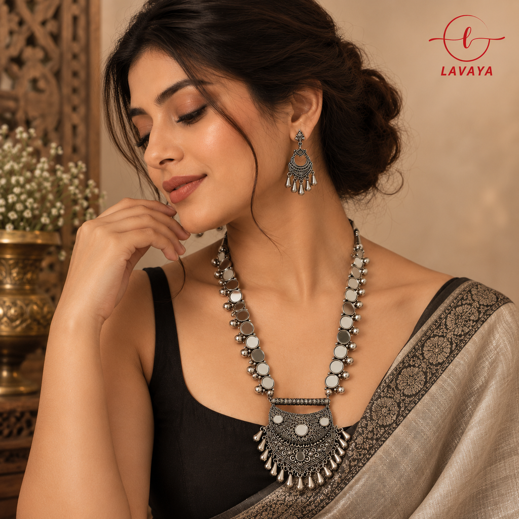 Lavaya Afghan Mirror-Work Long Haar Necklace Set with Crescent Chandbali Earrings