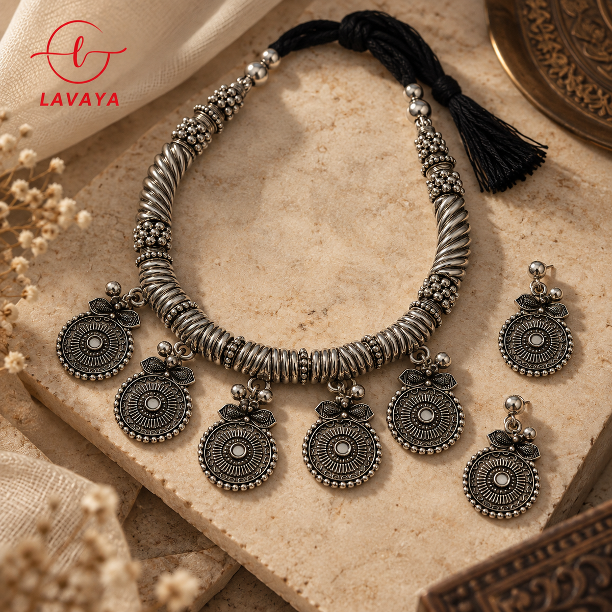 Lavaya Tribal Torc-Inspired Oxidized Silver Collar Necklace with Sunburst Medallions & Drop Earrings