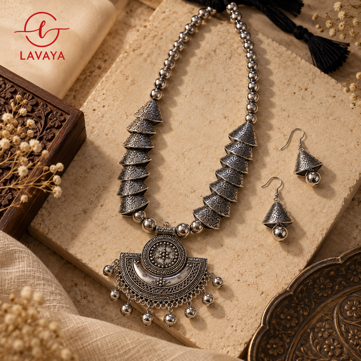Lavaya Tribal Conical Tiered Oxidized Silver Necklace Set with Carved Half-Moon Pendant & Matching Dangle Earrings