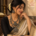 Lavaya Heritage Multi-Layered Oxidized Silver Coin & Bead Rani Haar Set with Ornate Chandbali Earrings