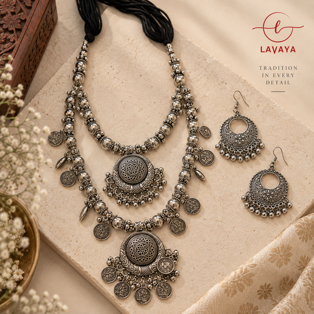 Lavaya Heritage Multi-Layered Oxidized Silver Coin & Bead Rani Haar Set with Ornate Chandbali Earrings