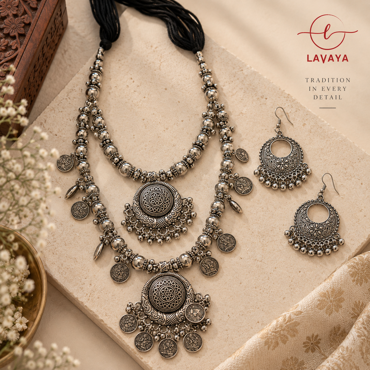 Lavaya Heritage Multi-Layered Oxidized Silver Coin & Bead Rani Haar Set with Ornate Chandbali Earrings